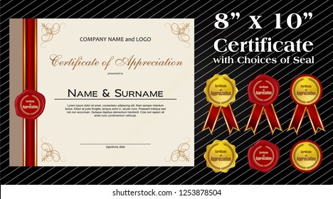 8 x 10 size Certificate of Appreciation with laurel wreath wax seal and ribbon