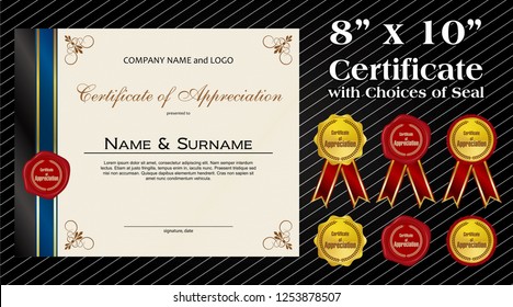 8 x 10 size Certificate of Appreciation with laurel wreath wax seal and ribbon