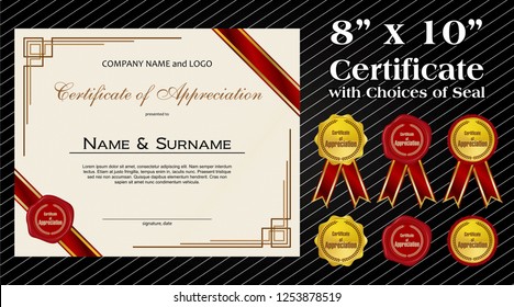 8 x 10 size Certificate of Appreciation with laurel wreath wax seal and ribbon