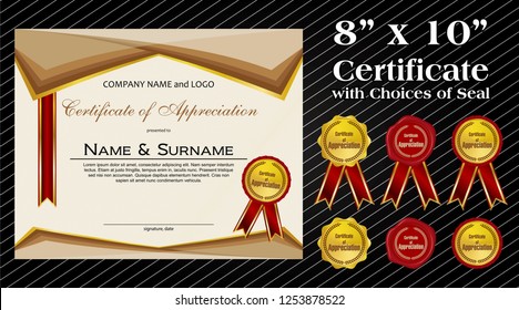 8 x 10 size Certificate of Appreciation with laurel wreath wax seal and ribbon