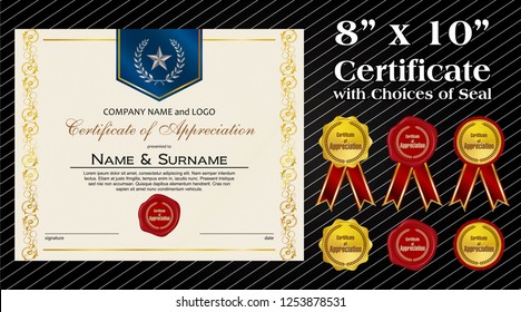 8 x 10 size Certificate of Appreciation with laurel wreath wax seal and ribbon