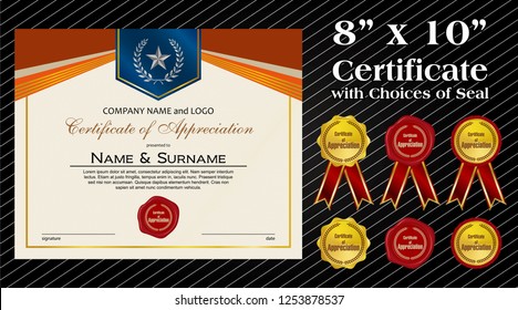 8 x 10 size Certificate of Appreciation with laurel wreath wax seal and ribbon