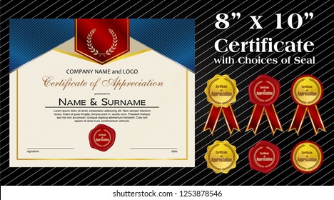 8 x 10 size Certificate of Appreciation with laurel wreath wax seal and ribbon
