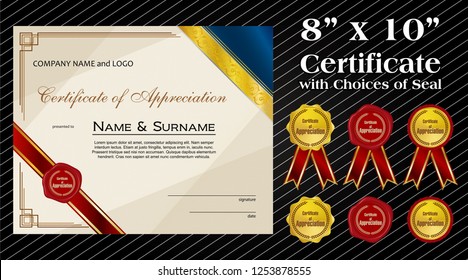 8 x 10 size Certificate of Appreciation with laurel wreath wax seal and ribbon