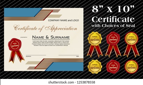8 x 10 size Certificate of Appreciation with laurel wreath wax seal and ribbon