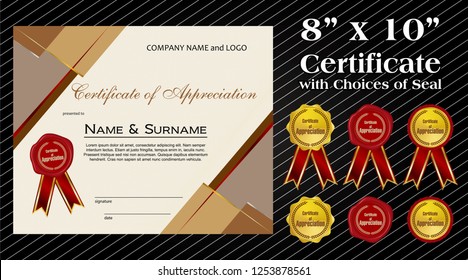 8 x 10 size Certificate of Appreciation with laurel wreath wax seal and ribbon