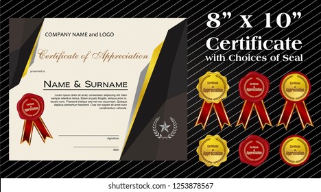 8 x 10 size Certificate of Appreciation with laurel wreath wax seal and ribbon