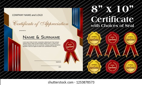 8 x 10 size Certificate of Appreciation with laurel wreath wax seal and ribbon
