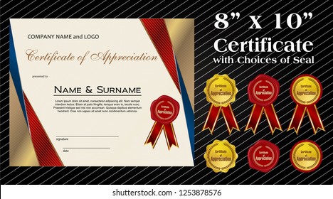 8 x 10 size Certificate of Appreciation with laurel wreath wax seal and ribbon
