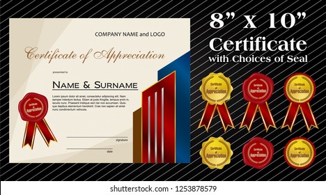 8 x 10 size Certificate of Appreciation with laurel wreath wax seal and ribbon
