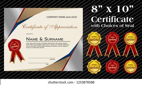 8 x 10 size Certificate of Appreciation with laurel wreath wax seal and ribbon