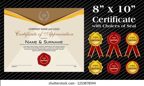 8 x 10 size Certificate of Appreciation with laurel wreath wax seal and ribbon