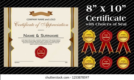 8 x 10 size Certificate of Appreciation with laurel wreath wax seal and ribbon