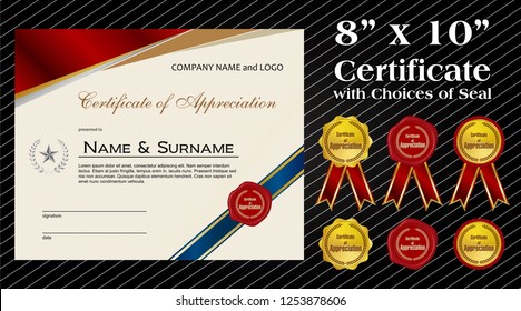 8 x 10 size Certificate of Appreciation with laurel wreath wax seal and ribbon