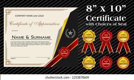 8 x 10 size Certificate of Appreciation with laurel wreath wax seal and ribbon