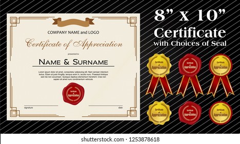 8 x 10 size Certificate of Appreciation with laurel wreath wax seal and ribbon