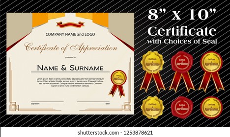 8 x 10 size Certificate of Appreciation with laurel wreath wax seal and ribbon