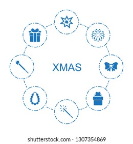 8 xmas icons. Trendy xmas icons white background. Included filled icons such as fireworks, sparkler, present, gift, garland, sparklers, bow. xmas icon for web and mobile.
