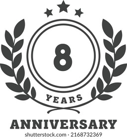 8 year anniversary celebration. Anniversary logo with ring and Black and White elegant isolated on white background, vector design for celebration, invitation card, and greeting card