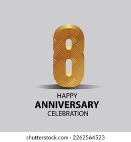 8 year anniversary, Gold shiny metallic numbers set, gold font sign isolated on gray background. Luxury fashion typography design for decoration, web, design, advertising. Vector illustration