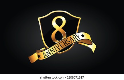 8 year anniversary logo with golden shield and ribbon. Dark elegant concept anniversary. 8th Anniversary celebration background. eighth anniversary banner vector