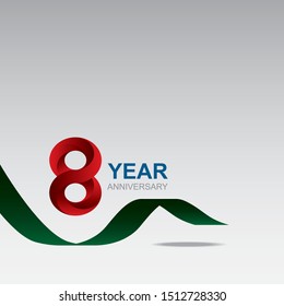 8 year anniversary logotype design with red color and ribbon isolated on white background for celebration event