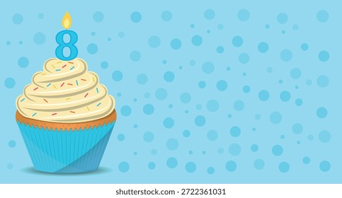 8 year birthday background with cupcake and candle.