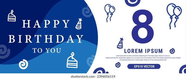 8 year celebration Creative Happy Birthday Text. Blue color decorative banner design, Vector illustration.