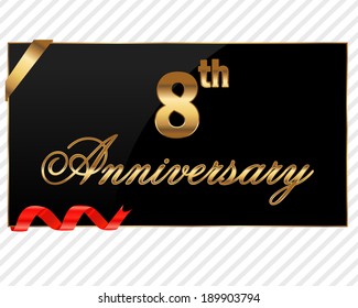 8 year decorative anniversary golden label with ribbon, 8th anniversary - vector illustration