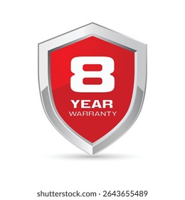 8 year warranty silver metal shield in red color vector illustration. Eight year warranty protection icon. Metallic security badge. Red glossy metal emblem.