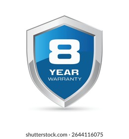 8 year warranty silver metal shield in blue color. Eight year warranty shield vector illustration. Metallic security badge.