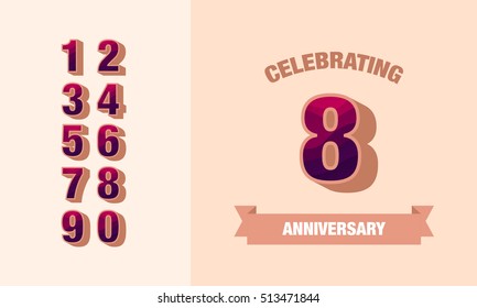 8 Years Anniversary Card or Banner Design using Retro Style, Vector Illustration  with Set of Numbers