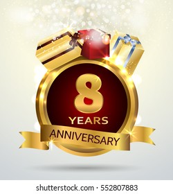 8 years anniversary celebration with Abstract background with many falling gold tiny confetti pieces.