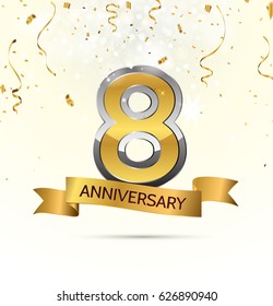8 years anniversary celebration with Abstract background with many falling gold tiny confetti pieces. 