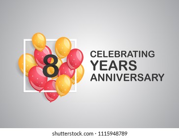 8 years anniversary celebration with balloons inside white square isolated on grey background 