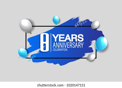 8 years anniversary celebration design with blue brush and balloons isolated on white background