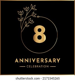 8 years anniversary celebration with golden floral frame isolated on black background. Creative design for happy birthday, wedding, ceremony, event party, marriage, and greeting card.