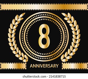 8 years anniversary celebration logotype. Vector and illustration in gold and black background