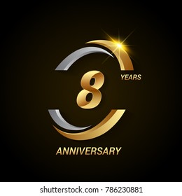 8 Years Anniversary Celebration Logotype. Golden Elegant Vector Illustration with Swoosh, Isolated on Black Background can be use for Celebration, Invitation, and Greeting card