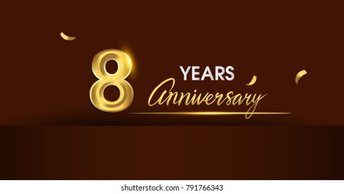 
8 years anniversary celebration logotype. anniversary logo with golden color and gold confetti isolated on dark background, vector design for celebration, invitation card, and greeting card