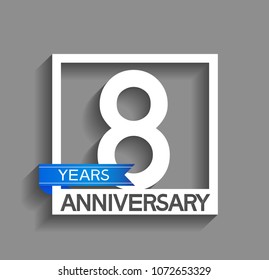8 years anniversary celebration square style blue ribbon isolated on gray background