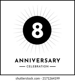 8 years anniversary celebration with starburst isolated on white background. Creative design for happy birthday, wedding, ceremony, event party, award, invitation event, and greeting card.