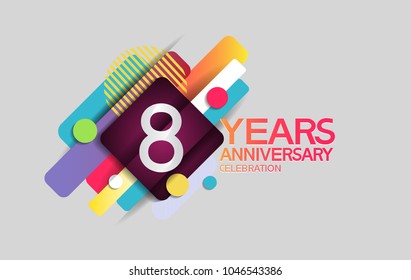 8 years anniversary colorful design with circle and square composition isolated on white background for celebration