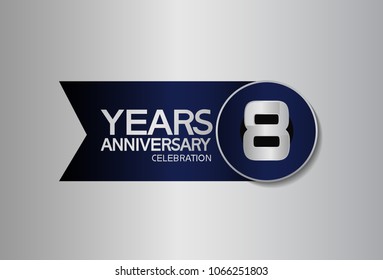 8 years anniversary design celebration silver with blue circle and ribbon isolated on silver background