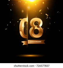 8 Years Anniversary with gold stylized number and confetti. Applicable for brochure, flyer, Posters, web and Banner Designs. Vector illustration.