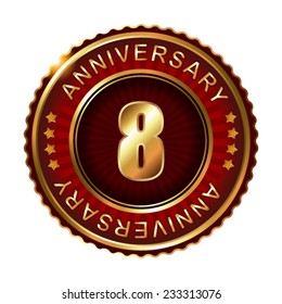 8 years anniversary golden label. Vector illustration.