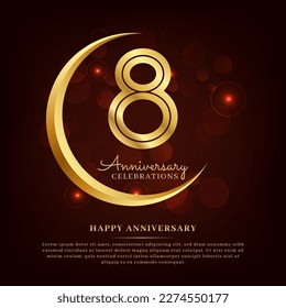 8 years anniversary with golden moon and red shiny background added with text for congratulations words