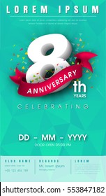 8 years anniversary invitation card or emblem. Celebration template design, 8th anniversary modern design elements with green pastel polygon background and red ribbon. Vector illustration