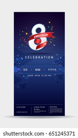 8 years anniversary invitation card - celebration template design with dark blue background - vector illustration