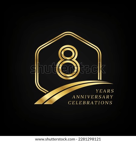 8 years anniversary. Lined gold hexagon and curving anniversary template.